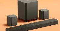 Amazon Fire TV Soundbar Plus 5.1-channel system with soundbar, wireless subwoofer, and two satellite speakers.