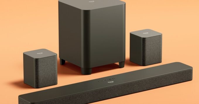 Amazon Fire TV Soundbar Plus 5.1-channel system with soundbar, wireless subwoofer, and two satellite speakers.