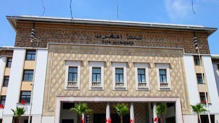 Le siège moderne de Bank Al-Maghrib à Rabat, symbolisant la stabilité monétaire et la gestion économique prudente du Maroc, avec des graphiques financiers en arrière-plan.