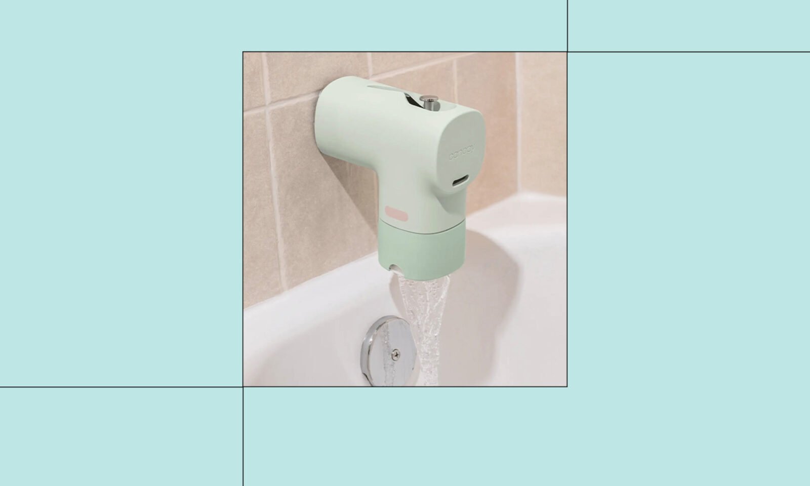 Canopy Bath Tub Filter attached to a faucet, filtering water for a cleaner bath experience.