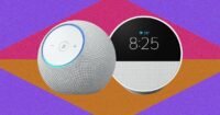 A collection of Amazon Echo smart speakers and smart displays, including the Echo Dot Max and Echo Show 11, showcasing their sleek designs.
