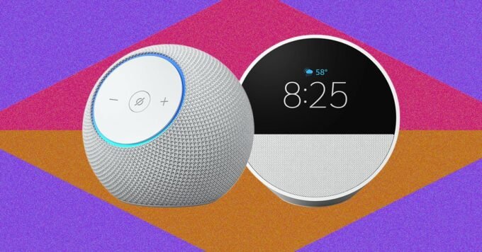 A collection of Amazon Echo smart speakers and smart displays, including the Echo Dot Max and Echo Show 11, showcasing their sleek designs.
