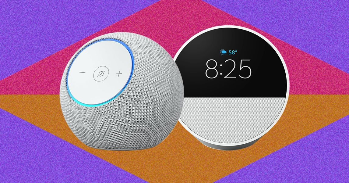 A collection of Amazon Echo smart speakers and smart displays, including the Echo Dot Max and Echo Show 11, showcasing their sleek designs.