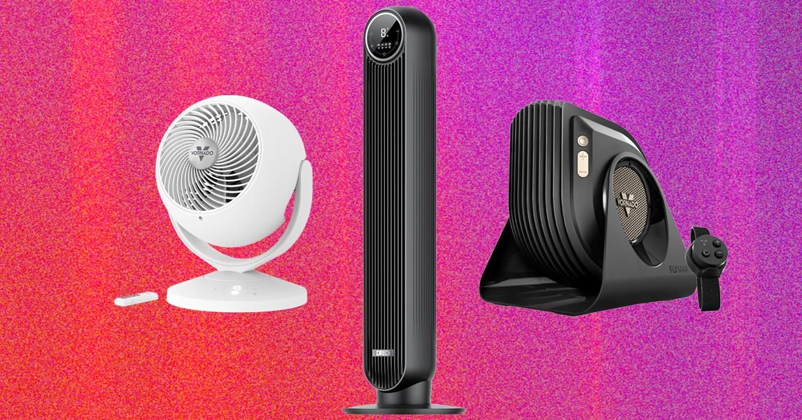 A collection of modern fans, including a sleek tower fan, a smart pedestal fan, and a compact air circulator, in a bright, airy room.