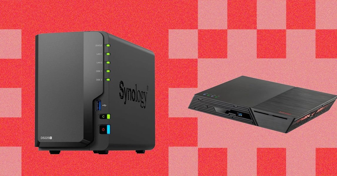 A sleek NAS device with multiple drive bays, indicating data storage and home network capabilities.