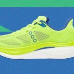 A selection of top-rated running shoes from brands like Saucony, Adidas, and Hoka on a track or road surface.
