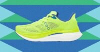 A selection of top-rated running shoes from brands like Saucony, Adidas, and Hoka on a track or road surface.