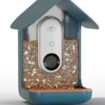 The Bird Buddy Pro smart bird feeder with an attached solar panel, mounted in a garden setting, capturing a bird.