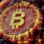 Bitcoin logo amidst market charts showing a downturn, with AI-related imagery in the background