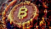 Bitcoin logo amidst market charts showing a downturn, with AI-related imagery in the background