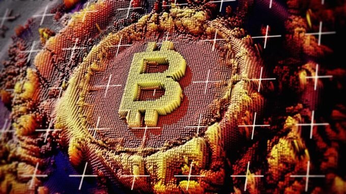 Bitcoin logo amidst market charts showing a downturn, with AI-related imagery in the background