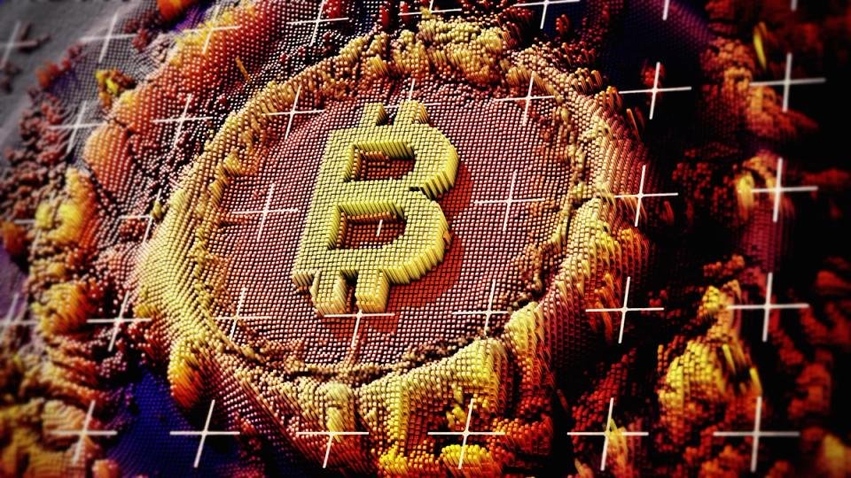 Bitcoin logo amidst market charts showing a downturn, with AI-related imagery in the background