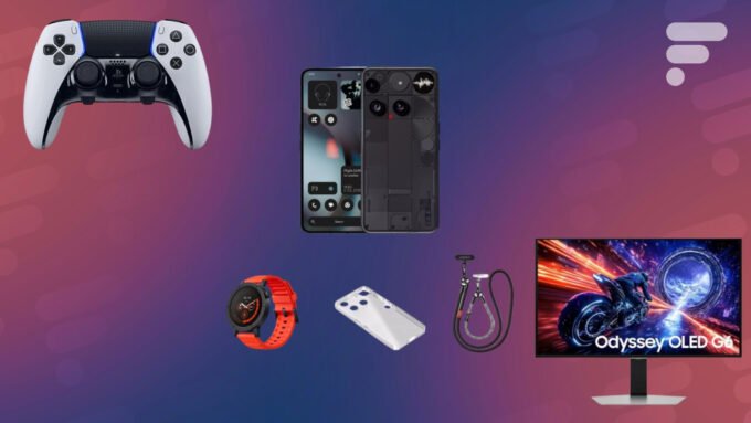 Une manette Sony DualSense Edge, un écran Samsung Odyssey G6 et un smartphone Nothing Phone (3) avec une montre CMF Watch 3 Pro, illustrant les bons plans tech du jour.