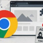 Illustration of malicious Chrome extensions disguised as wallpaper apps, showing data flowing to advertisers and fake traffic metrics.