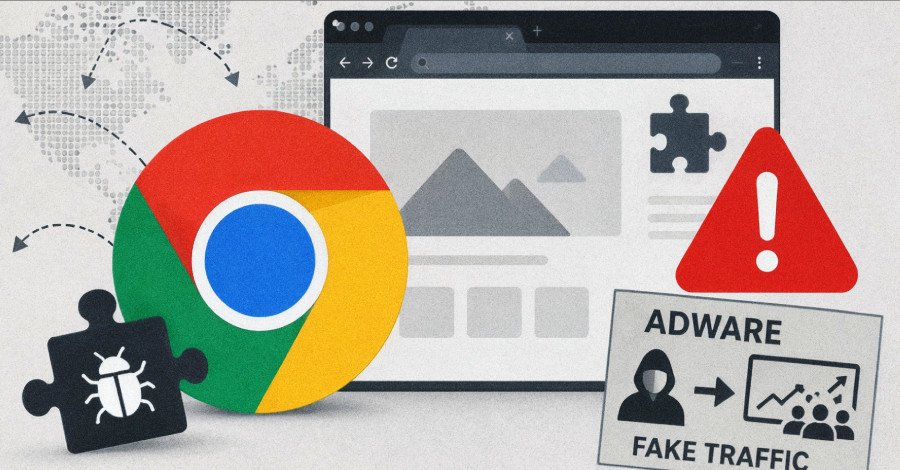 Illustration of malicious Chrome extensions disguised as wallpaper apps, showing data flowing to advertisers and fake traffic metrics.
