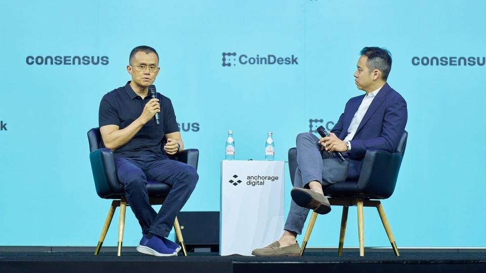 Changpeng Zhao (CZ) speaking at a cryptocurrency event, symbolizing his influence in the industry.