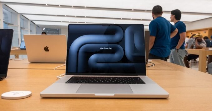 منتجات أبل معروضة في أحد متاجر الشركة بمانهاتن، نيويورك، وشعار أبل في متجر بباريس.