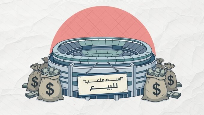 صورة جوية لملعب رياضي حديث يحمل لافتات عملاقة لشركات تجارية، تجسد نموذج حقوق التسمية في المنشآت الرياضية.