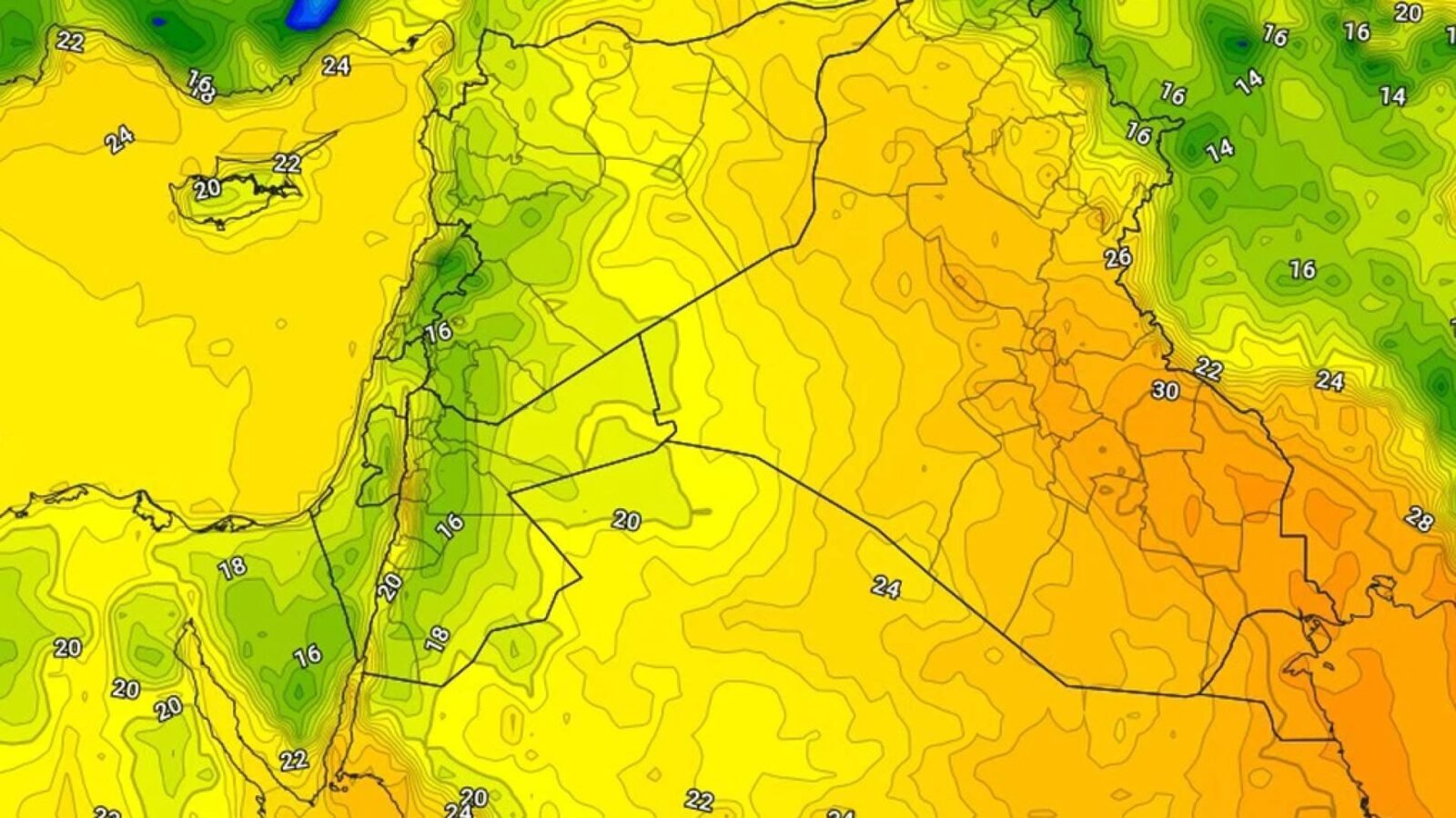 خريطة جوية توضح الأجواء الصيفية المعتدلة في الأردن يوم الأحد 14 يونيو 2026