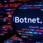 Illustration of a botnet network with interconnected devices and a shield icon representing cybersecurity.