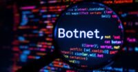 Illustration of a botnet network with interconnected devices and a shield icon representing cybersecurity.