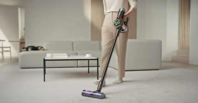 Dyson V16 Piston Animal, V10 Konical, and V8 Cyclone cordless vacuums displayed