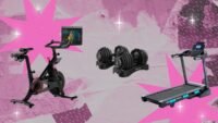 A collection of fitness equipment including a treadmill, exercise bike, and dumbbells, with Amazon Prime Day logos in the background.