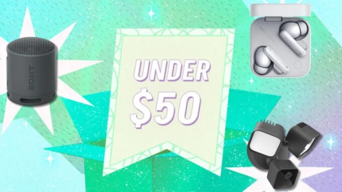 A collage of various tech gadgets like headphones, smart speakers, and cameras, all priced under $50, against a backdrop hinting at Prime Day sales.
