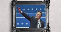 Illustration depicting Elon Musk overseeing a destructive process, with global health symbols in distress.