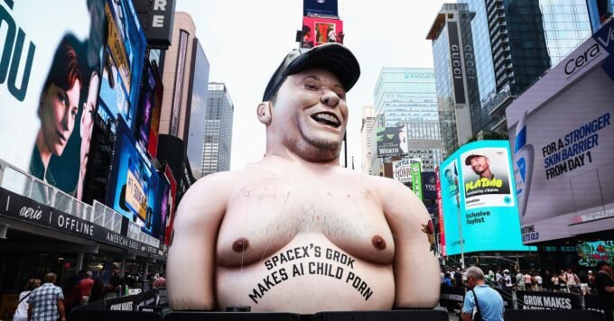 Inflatable effigy of Elon Musk in Times Square during a protest against Grok AI and SpaceX IPO.