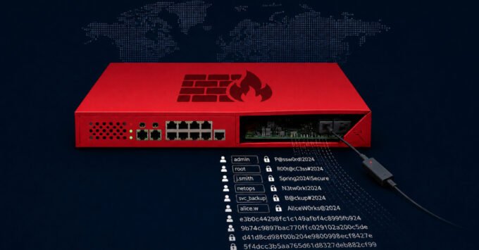 Illustration of a digital lock with network lines, representing a cybersecurity breach on FortiGate firewalls by the FortiBleed operation.