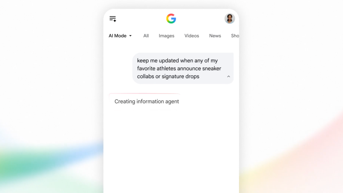 A smartphone displaying Google AI Mode with information agent alerts