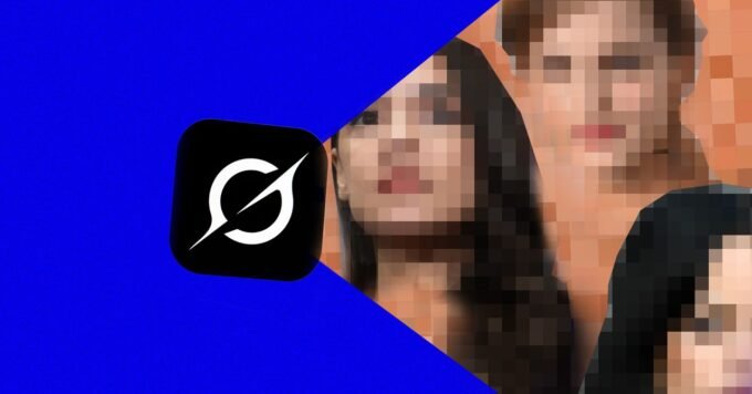 Illustration of a digital deepfake image being generated by AI, with a blurred background suggesting a social media platform.