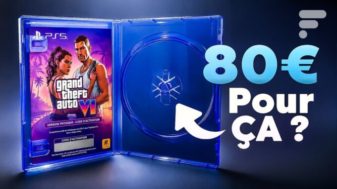 Boîte de jeu GTA 6 pour PlayStation 5 et Xbox Series X|S, avec un code de téléchargement visible à l'intérieur, symbolisant le passage au tout numérique.