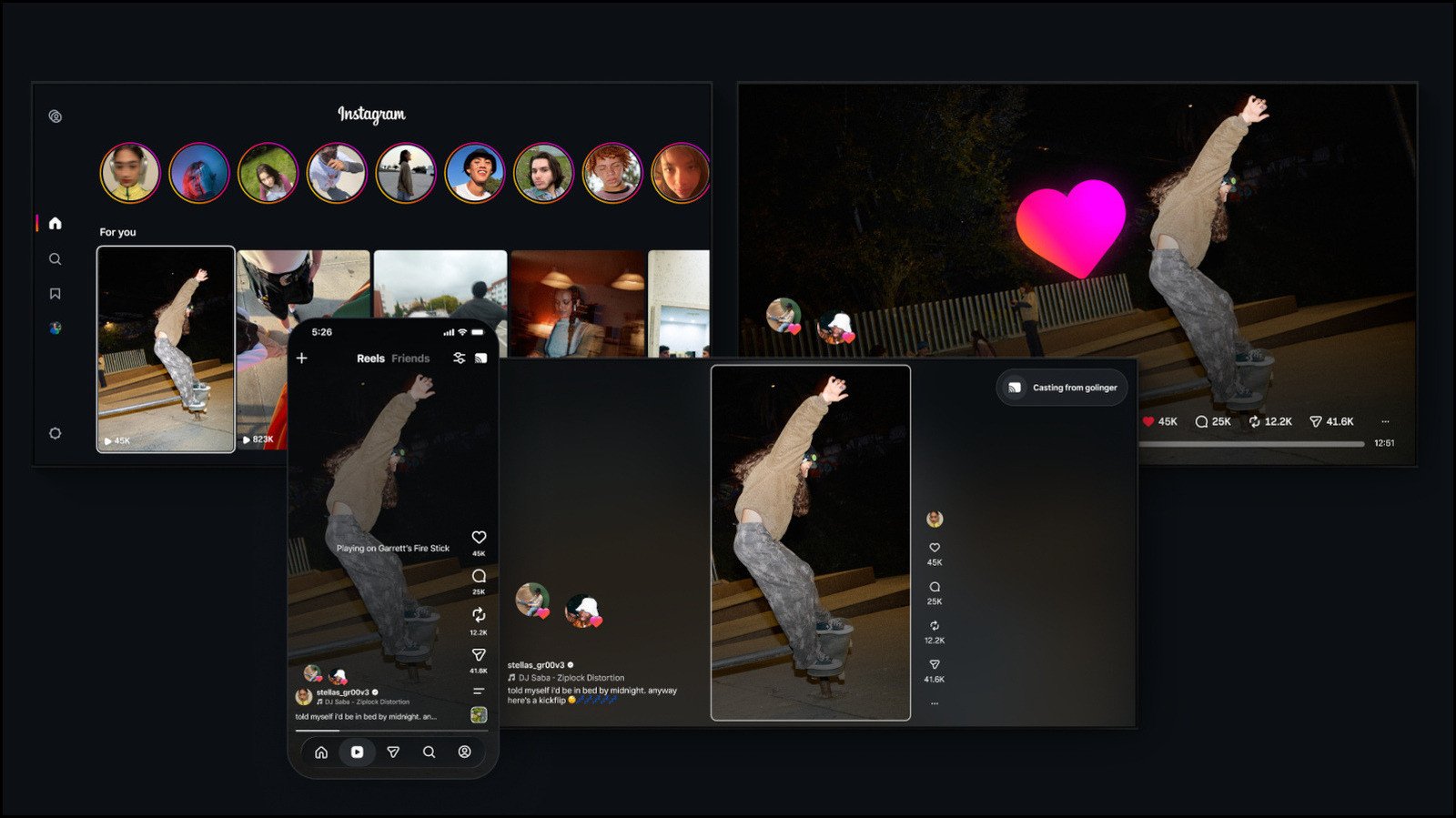 Instagram Goes Big: Reels and Stories Now Stream on Samsung TVs in the US 3 Instagram app interface displaying Reels and Stories on a Samsung Smart TV screen in a living room setting.