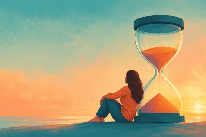 A person looking thoughtfully at a clock or a sunset, symbolizing the passage of time and introspection.