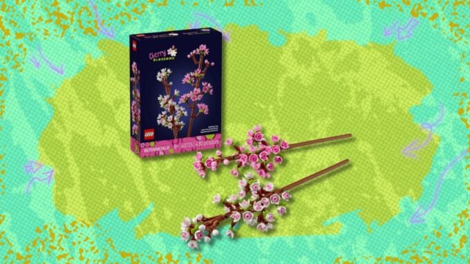 LEGO Cherry Blossom set (#40725) with pink and white buds, displayed in a vase.