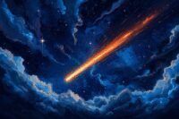 A family looking up at a meteor streaking across a dark, starry sky, symbolizing wonder and reflection on life's dualities.