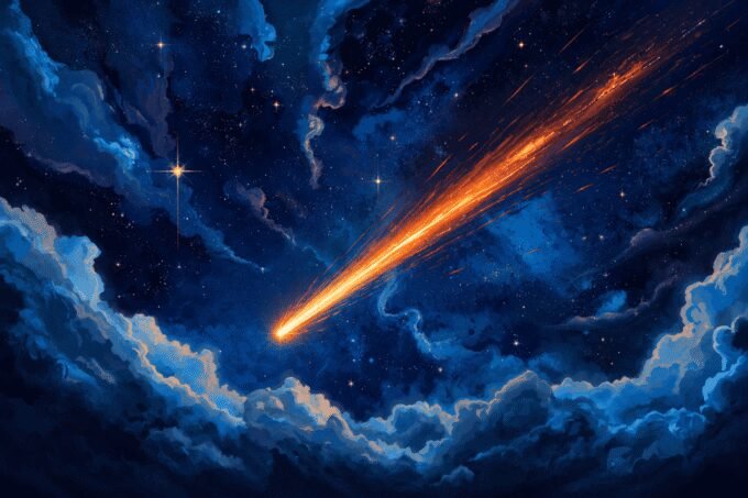 A family looking up at a meteor streaking across a dark, starry sky, symbolizing wonder and reflection on life's dualities.