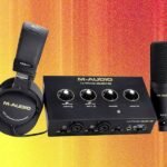 M-Audio M Track Duo HD Producer Pack including audio interface, condenser microphone, and headphones on a desk.