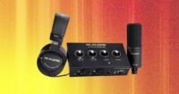 M-Audio M Track Duo HD Producer Pack including audio interface, condenser microphone, and headphones on a desk.