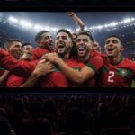 Des supporters de football marocains célébrant dans une salle de cinéma Mégarama, avec le logo de la Coupe du Monde 2026 en arrière-plan et un écran géant diffusant un match.