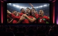 Des supporters de football marocains célébrant dans une salle de cinéma Mégarama, avec le logo de la Coupe du Monde 2026 en arrière-plan et un écran géant diffusant un match.