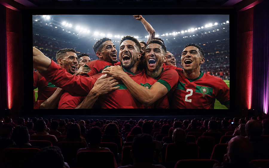 Mégarama Maroc retransmet la Coupe du Monde 2026 sur grand écran 3 Des supporters de football marocains célébrant dans une salle de cinéma Mégarama, avec le logo de la Coupe du Monde 2026 en arrière-plan et un écran géant diffusant un match.