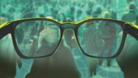A pair of Meta Ray-Ban smart glasses with a digital overlay indicating facial recognition scanning a person's face.