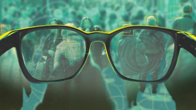 A pair of Meta Ray-Ban smart glasses with a digital overlay indicating facial recognition scanning a person's face.