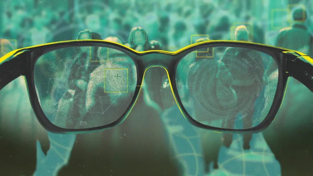 A pair of Meta Ray-Ban smart glasses with a digital overlay indicating facial recognition scanning a person's face.