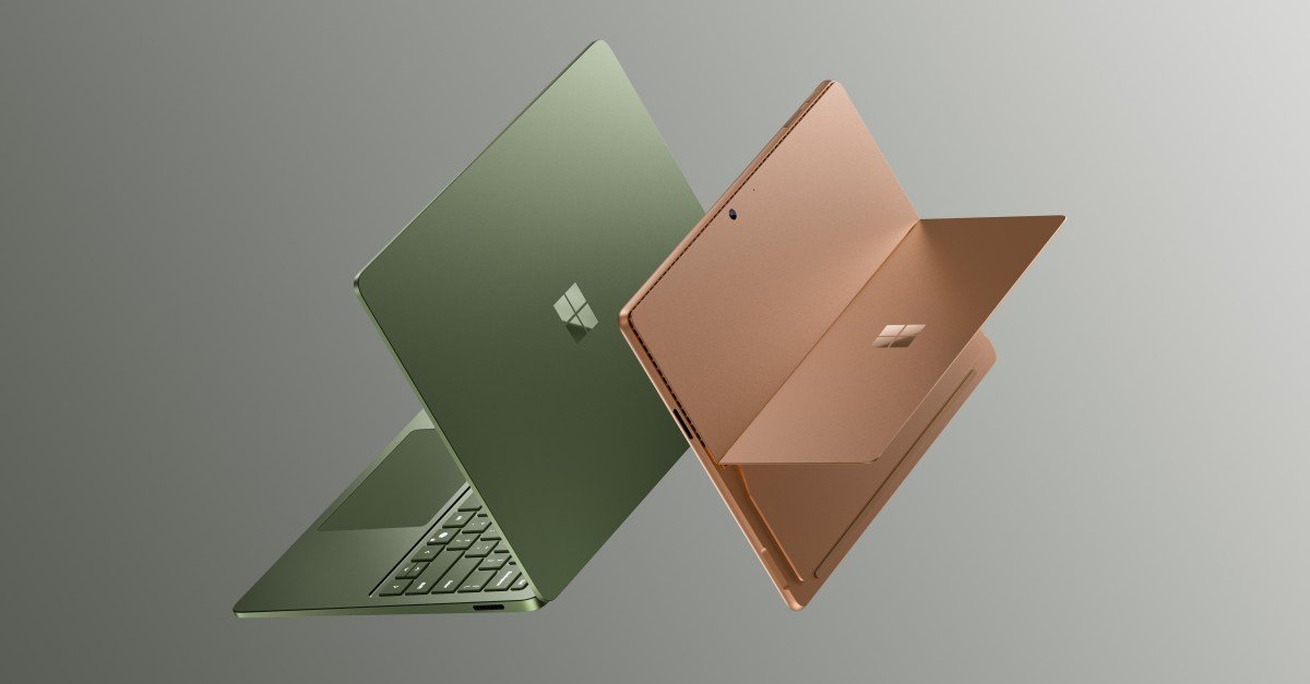 Microsoft Surface Laptop 8 in Jade and Surface Pro 12 in Dune, showcasing new color options and sleek design.