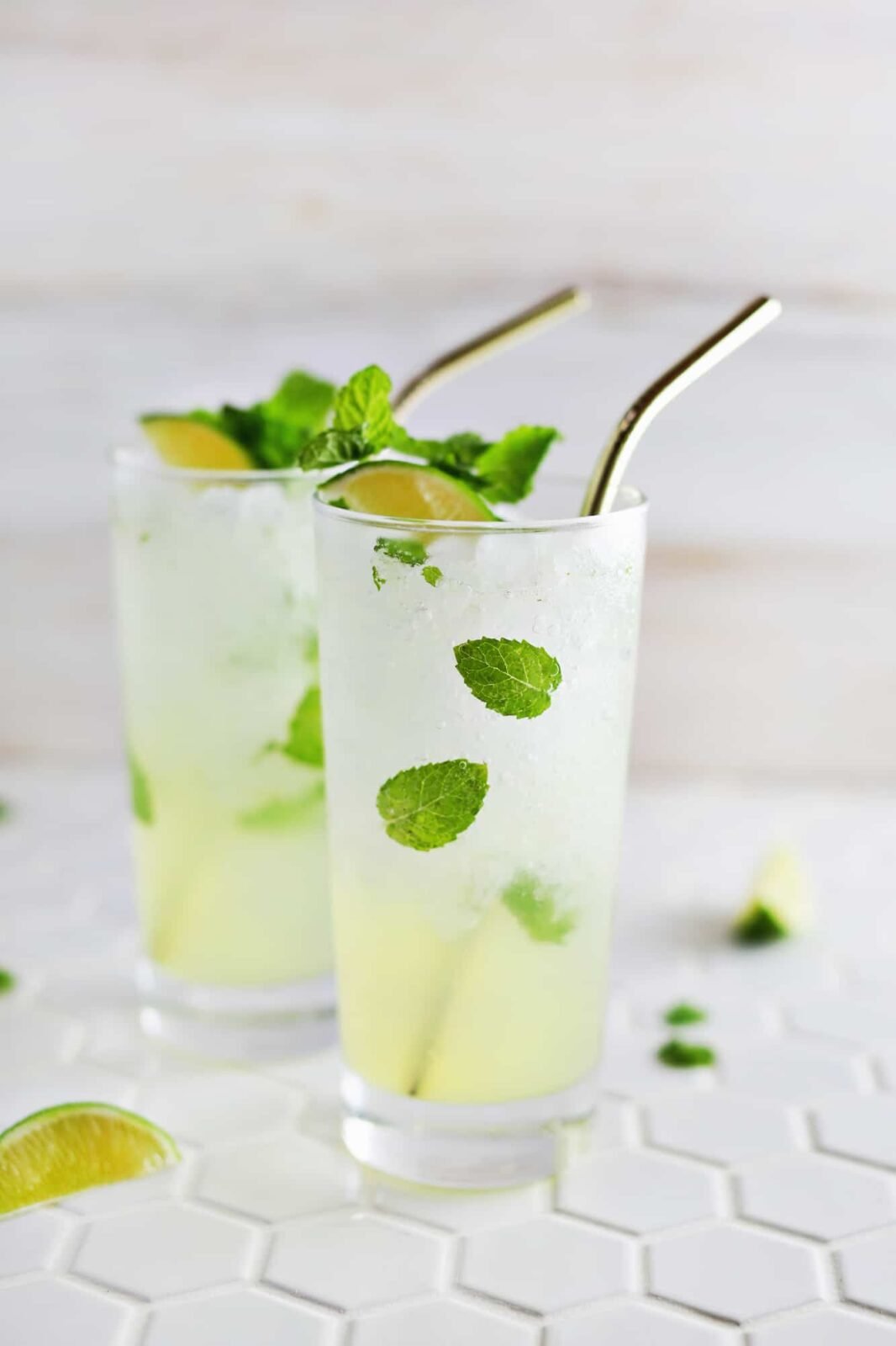 A refreshing mint Mojito cocktail in a tall glass with lime slices and fresh mint sprigs