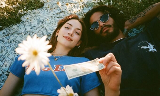 A person meditating with money symbols floating around them, representing a peaceful relationship with finance.